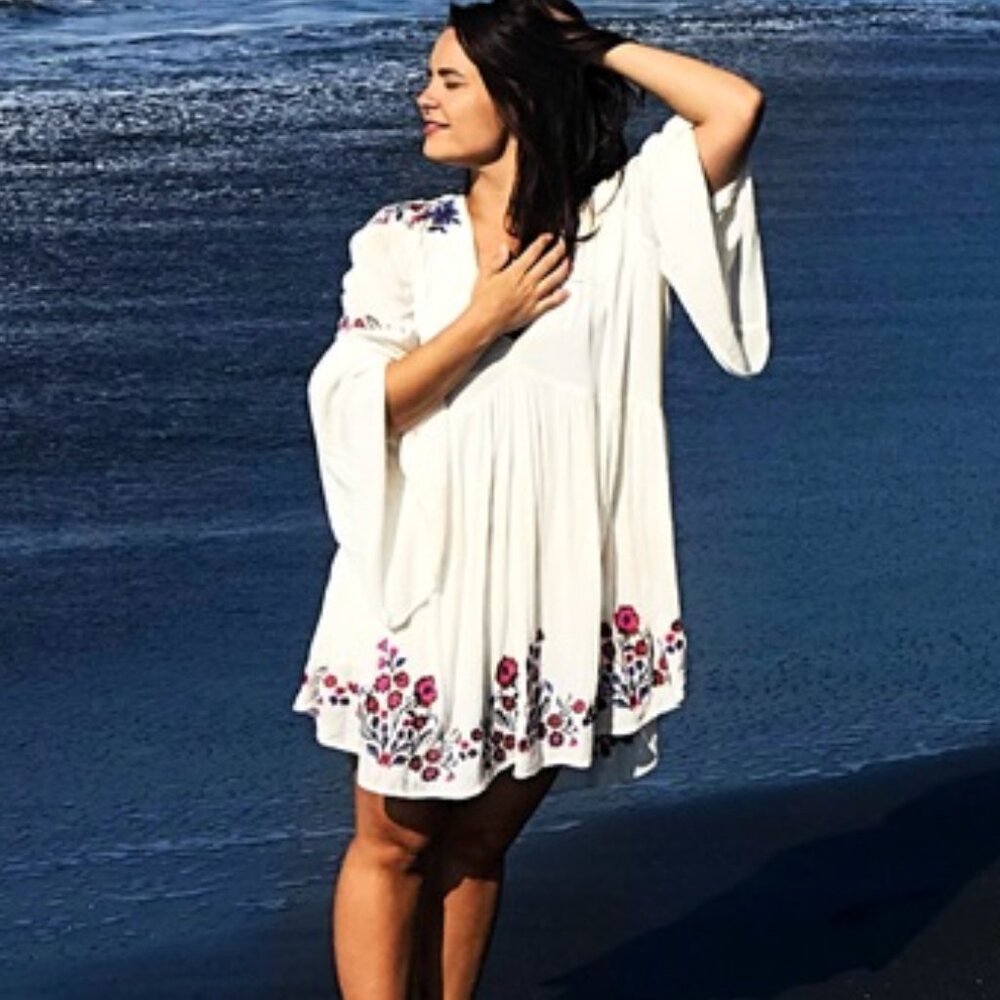 Free People Te Amo Floral Embroidered Bell Sleeve Ivory Mini Dress Size XS